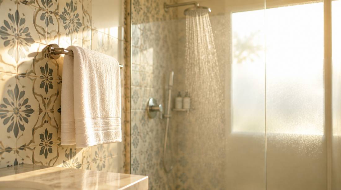 A hotel bathroom in the morning with unfamiliar tile and a towel on the rail