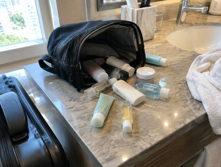 An open toiletry bag spilling travel bottles onto a hotel bathroom counter