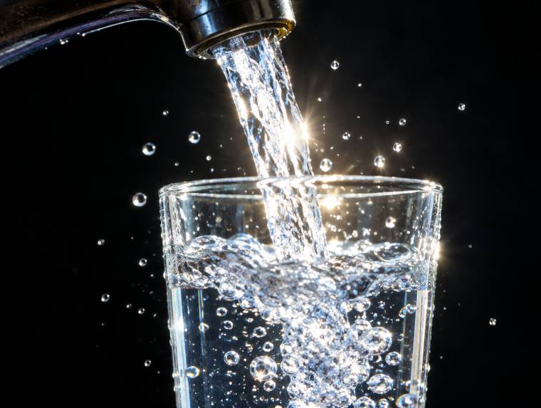 Water pouring from a tap into a glass, strongly backlit