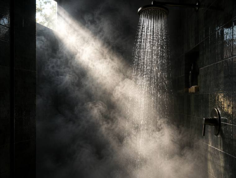 Steam and falling water lit by a hard shaft of morning light