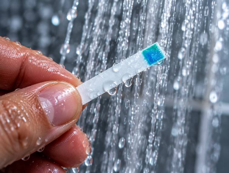 A chlorine test strip held under running shower water