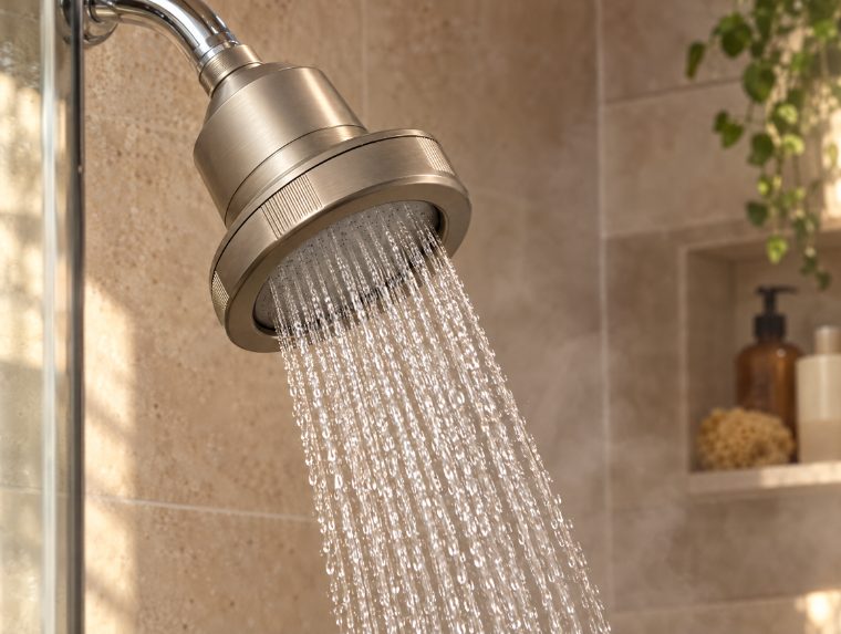 The Veil showerhead running in a real lived-in bathroom