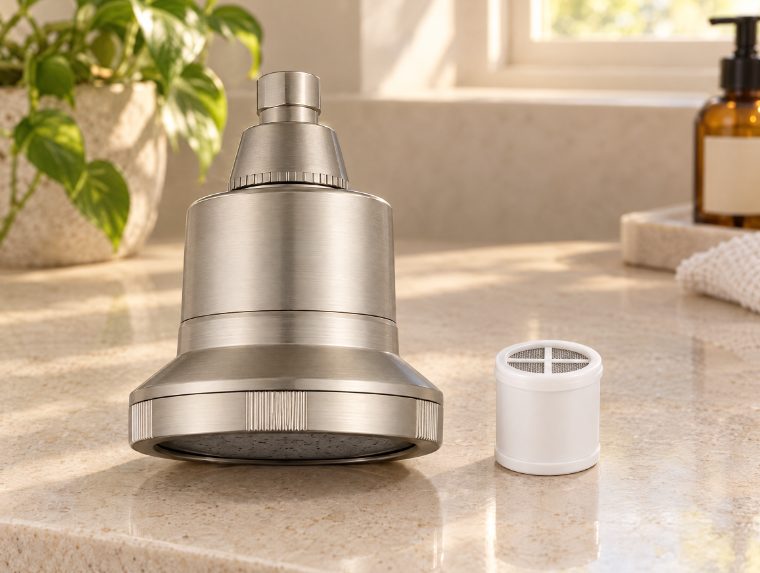 The Veil showerhead beside its cartridge on a bathroom counter