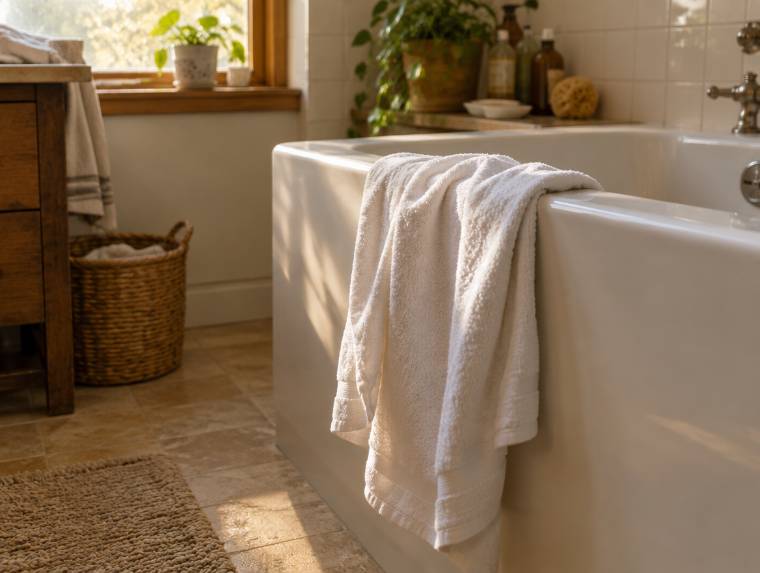 A white towel over the edge of a bathtub in a real bathroom